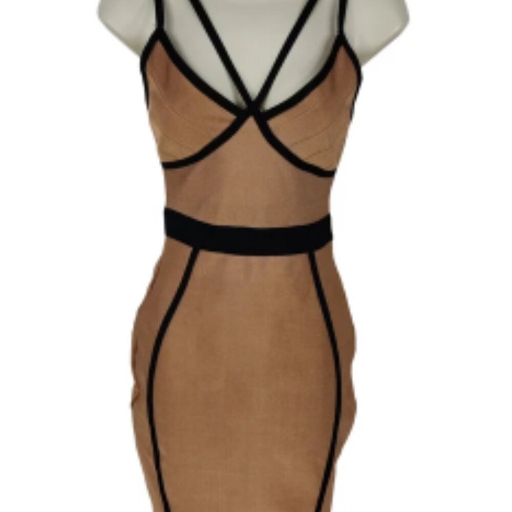 Elegant Tan and Black Strappy Dress